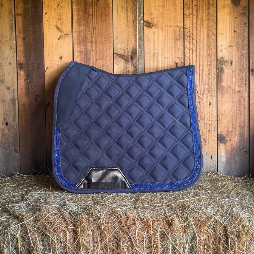 Sapphire Glow Dressage Saddle Pad | Navy Blue Suede Saddle Pad with Rhinestone Trim | Quilted