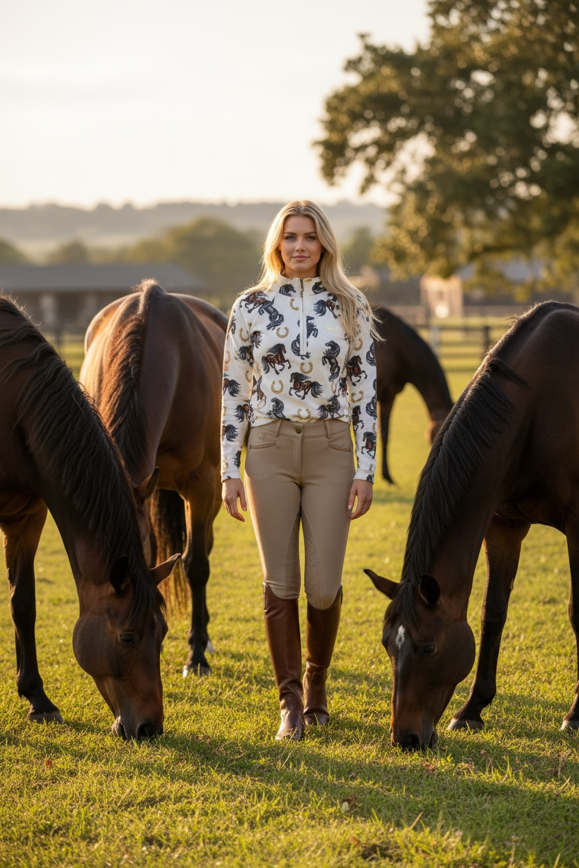 EQUESTRIAN 𝐁𝐀𝐒𝐄 𝐋𝐀𝐘𝐄𝐑 LONG SLEEVE | GALLOPING HORSES PRINT WITH GOLD HORSESHOES | TECHNICAL STRETCH & MESH VENTILATION