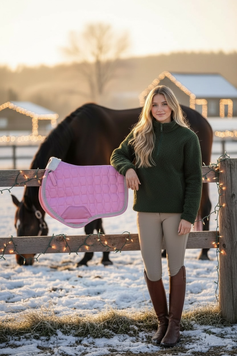 Babydoll Pink Suede Saddle Pad with Rhinestone Trim & Pink Faux Leather Patch