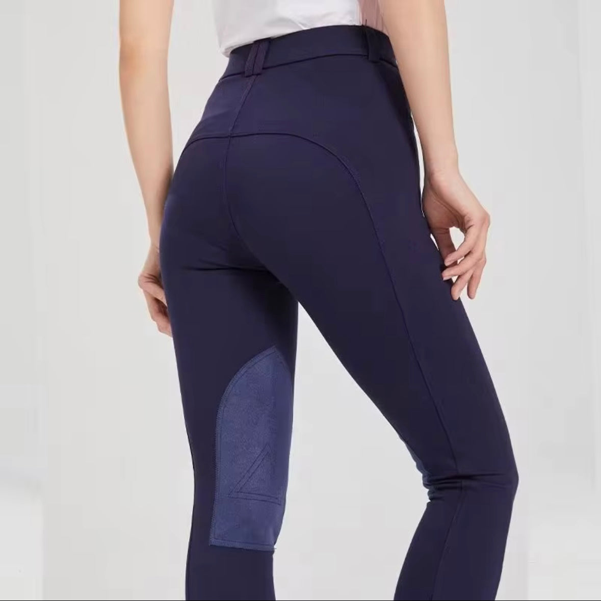 Classic Navy Blue Equestrian Breeches – Medium-Waist Riding Pants with Matching Knee Patches, Black Ankle Cuffs & Signature Embroidered Logo