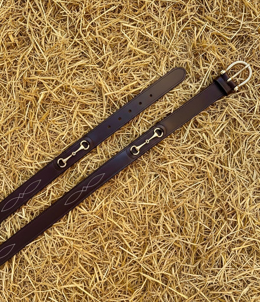 Belmont Dark Brown Leather Equestrian Belt | Gold Horse Bit Detail | Classic Riding Belt