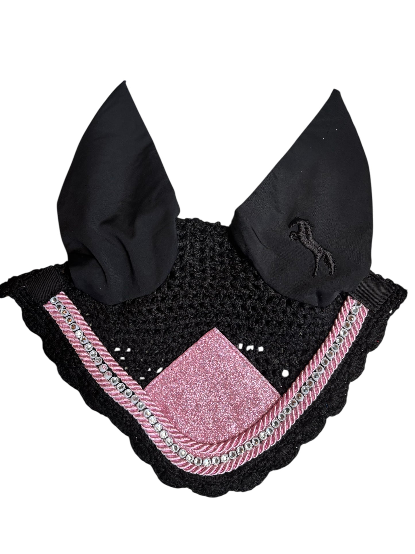 Black & Pink Glitter Horse Ear Bonnet with Rhinestone Trim