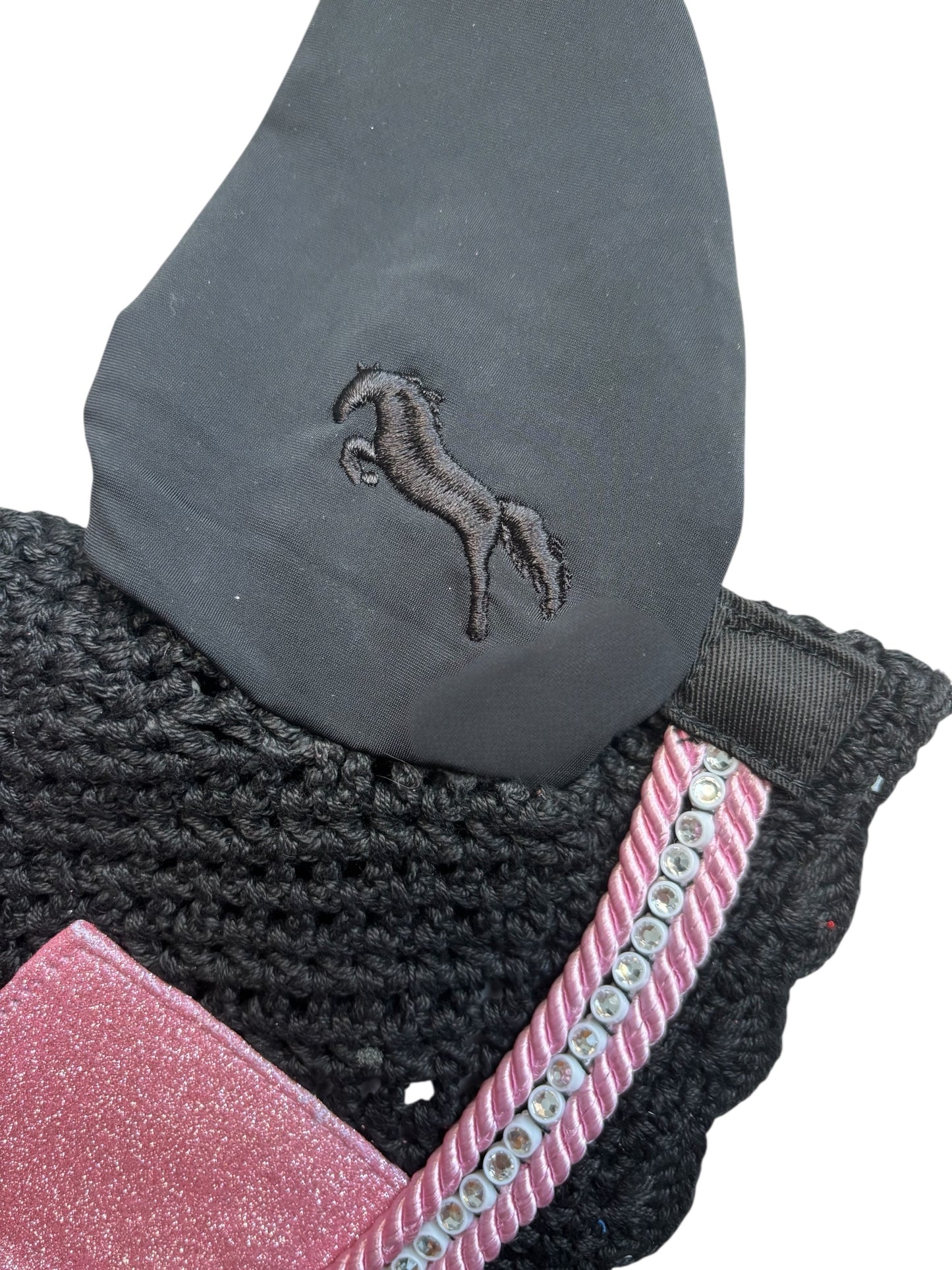 Black & Pink Glitter Horse Ear Bonnet with Rhinestone Trim