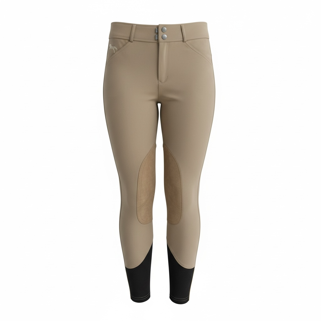 Pro Performance Competition Breeches – Beige | Medium-Rise with Tan Knee Patches & Black Ankle Cuffs & Signature Embroidered Logo