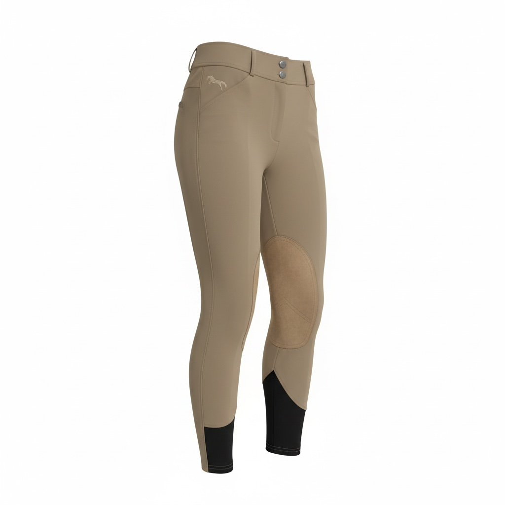 Pro Performance Competition Breeches – Beige | Medium-Rise with Tan Knee Patches & Black Ankle Cuffs & Signature Embroidered Logo