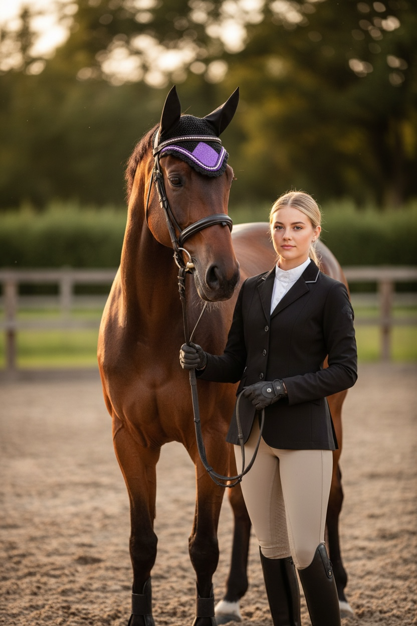 Black & Purple Glitter Horse Ear Bonnet with Rhinestone Trim