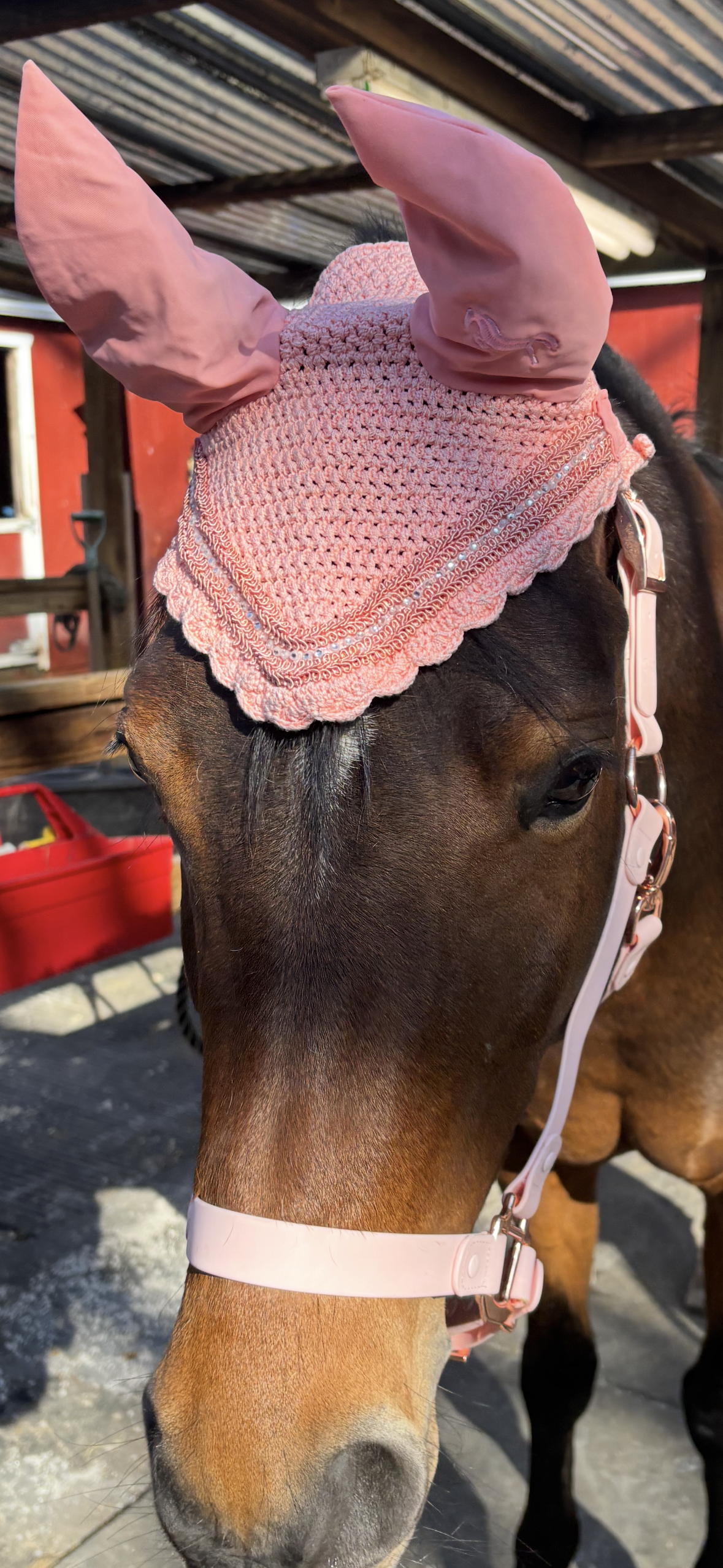 Pink Babydoll Ear Bonnet – Rhinestone Trim