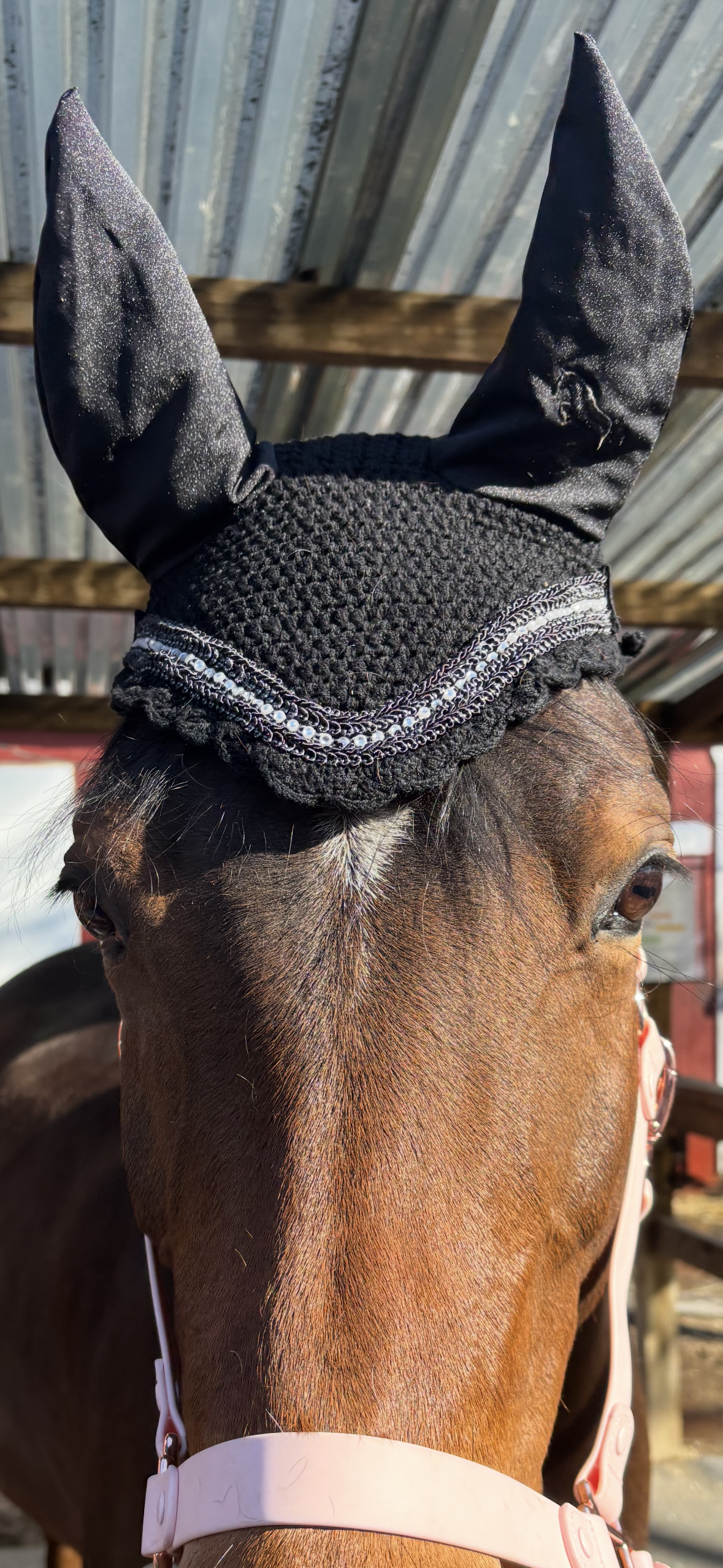 Midnight Black Ear Bonnet -Rhinestone Trim