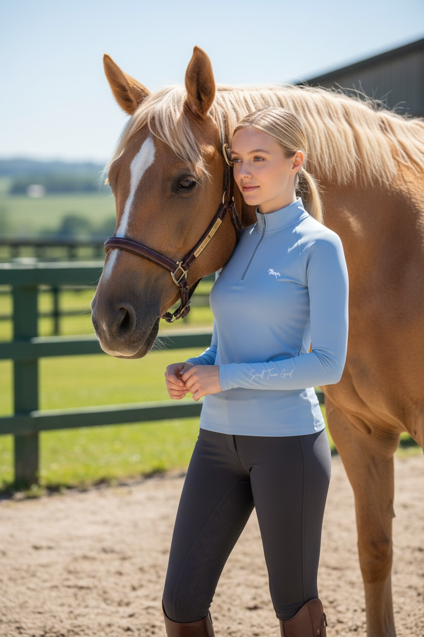 EQUESTRIAN 𝐁𝐀𝐒𝐄 𝐋𝐀𝐘𝐄𝐑 LONG SLEEVE | BABY BLUE WITH WHITE LOGO PRINT TECHNICAL STRETCH