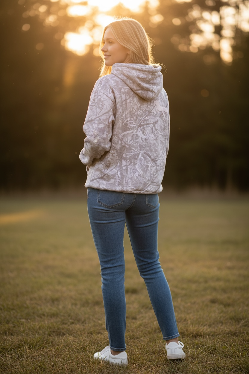 Aspen Camo Hoodie -pink puff print horse logo