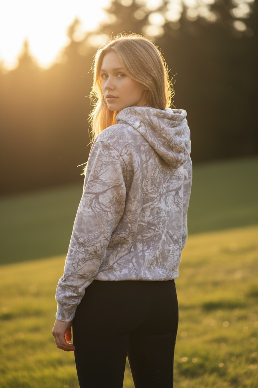 Aspen Camo Hoodie -pink puff print horse logo