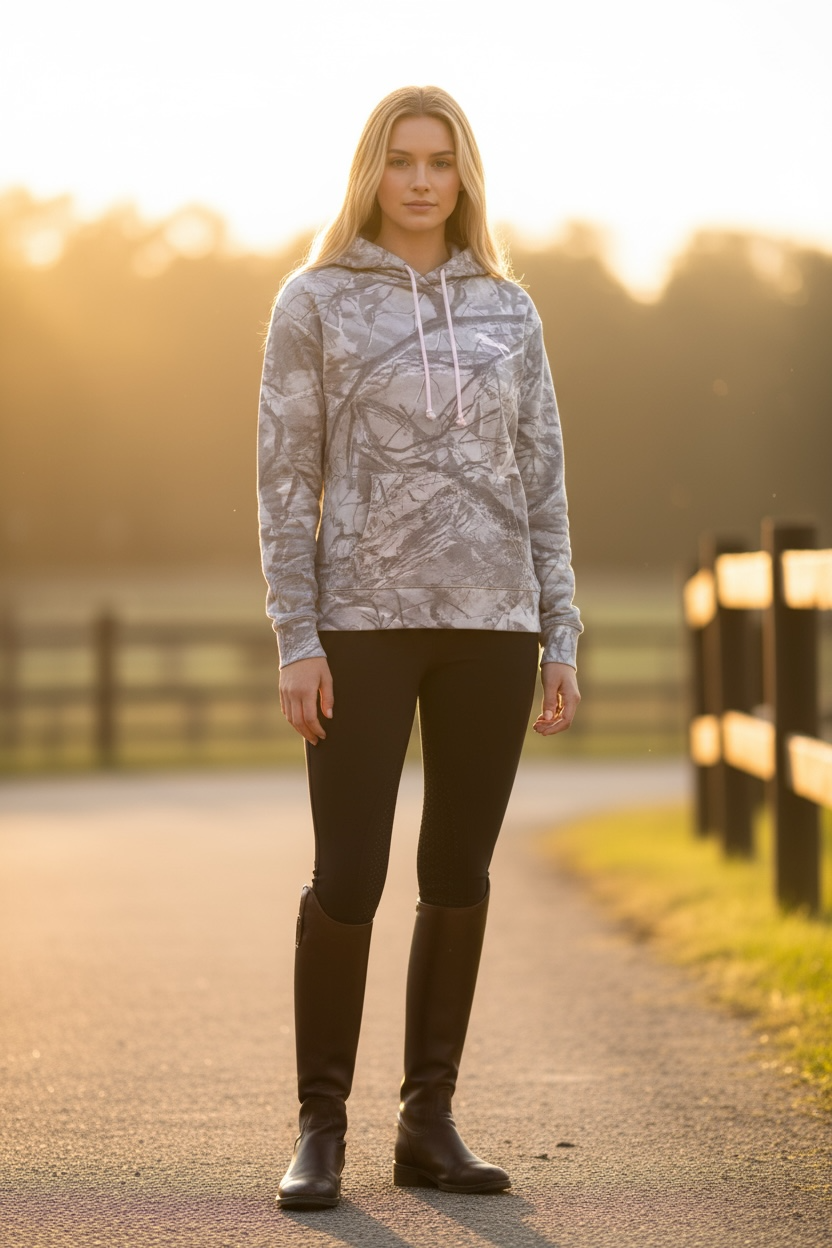 Aspen Camo Hoodie -pink puff print horse logo