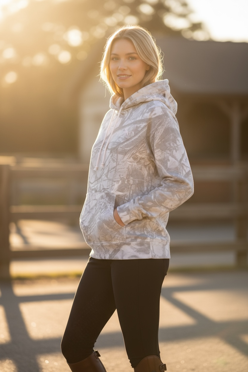 Aspen Camo Hoodie -pink puff print horse logo