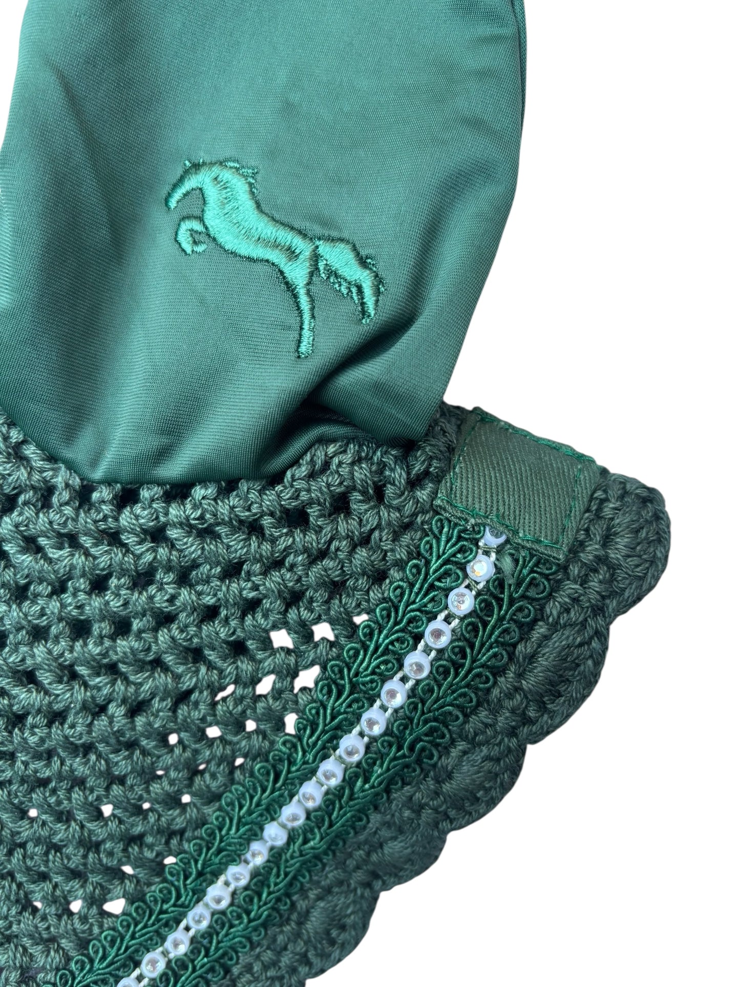 Green Derby Ear Bonnet – Rhinestone Trim