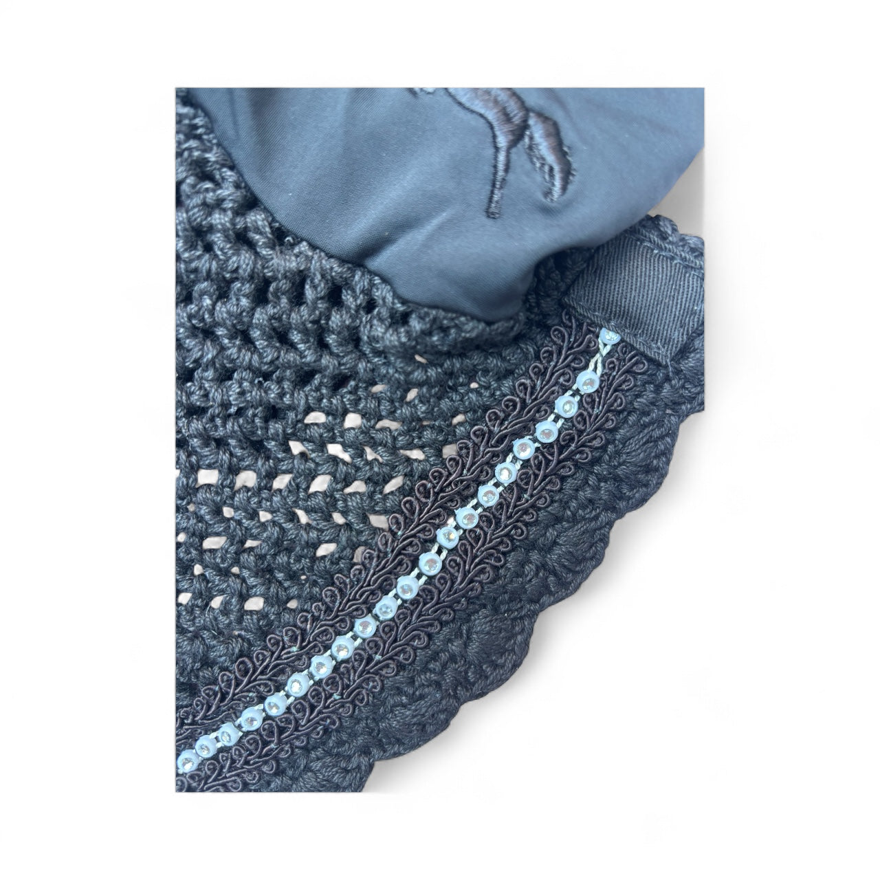 Midnight Black Ear Bonnet -Rhinestone Trim