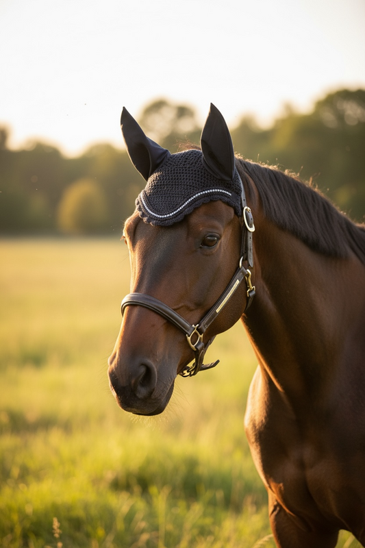 Midnight Black Ear Bonnet -Rhinestone Trim
