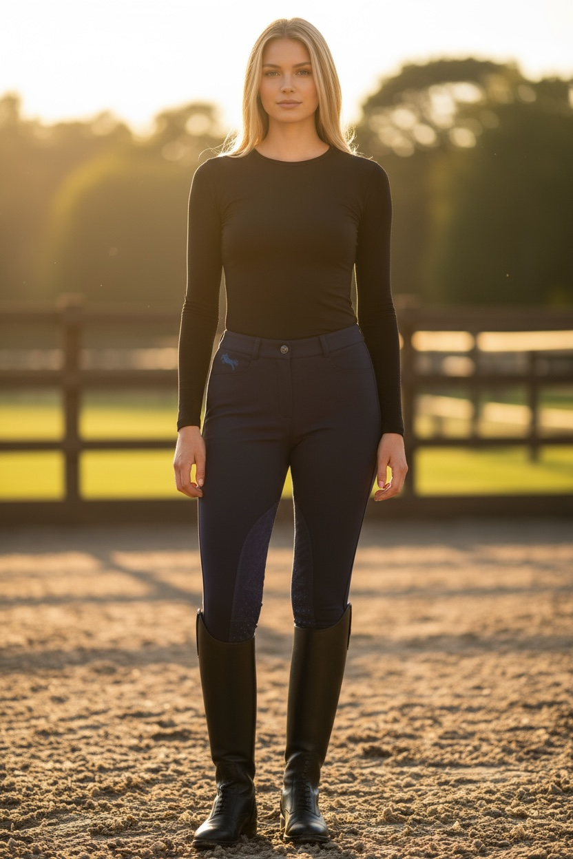 Classic Navy Blue Equestrian Breeches – Medium-Waist Riding Pants with Matching Knee Patches, Black Ankle Cuffs & Signature Embroidered Logo
