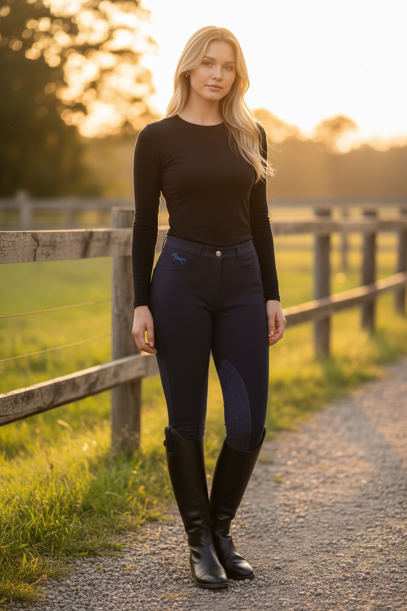 Classic Navy Blue Equestrian Breeches – Medium-Waist Riding Pants with Matching Knee Patches, Black Ankle Cuffs & Signature Embroidered Logo