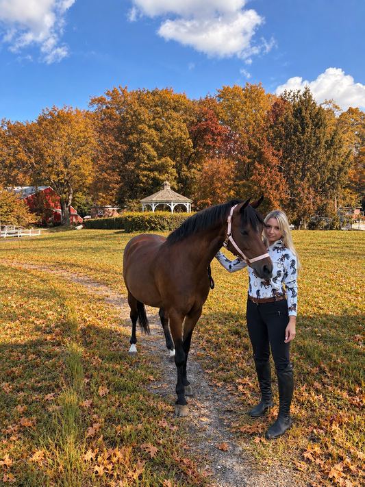 EQUESTRIAN 𝐁𝐀𝐒𝐄 𝐋𝐀𝐘𝐄𝐑 LONG SLEEVE | GALLOPING HORSES PRINT WITH GOLD HORSESHOES | TECHNICAL STRETCH & MESH VENTILATION