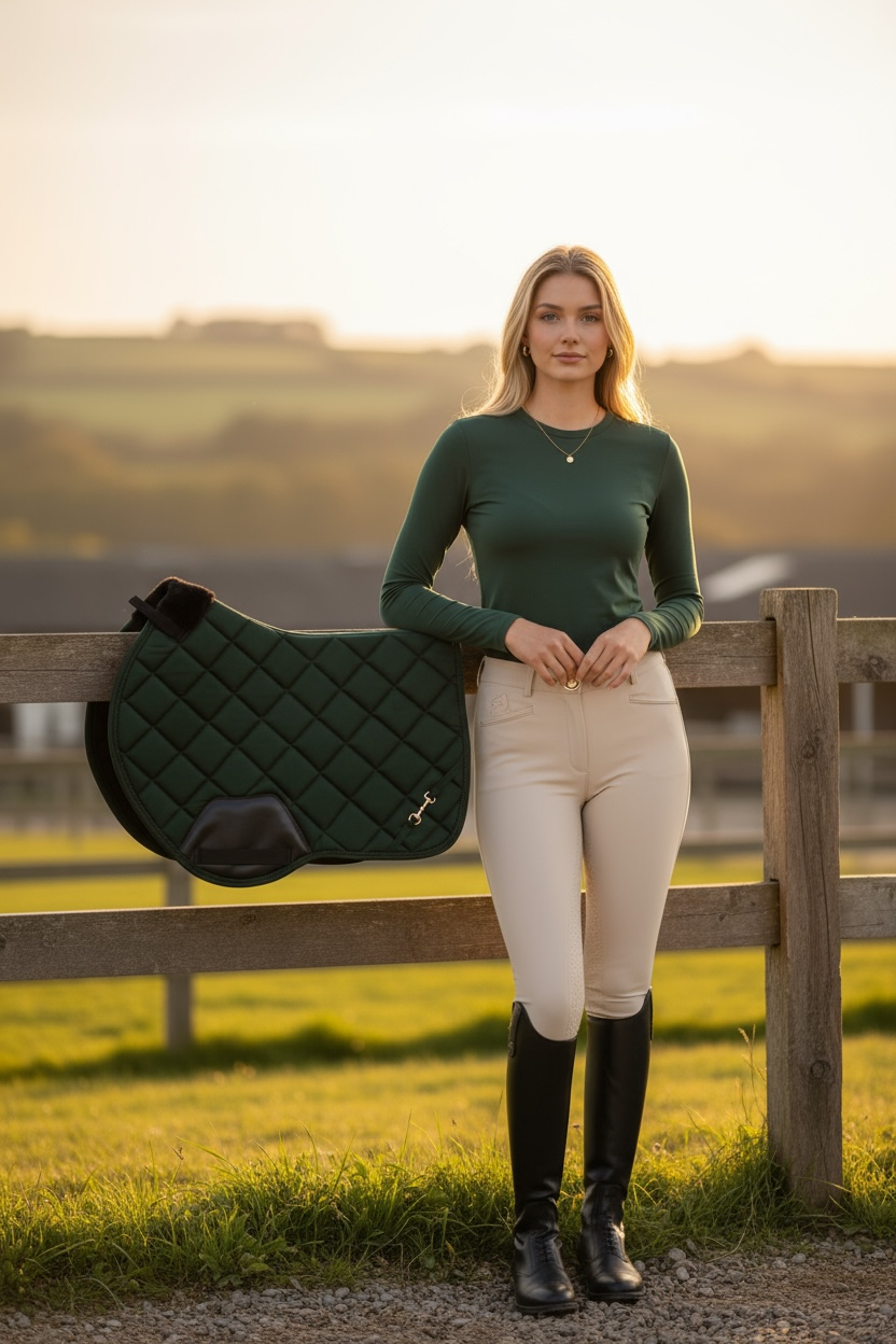 🌿 Equestrian Hunter Green Quilted Saddle Pad with Gold Bit Detail | Small Town Girl